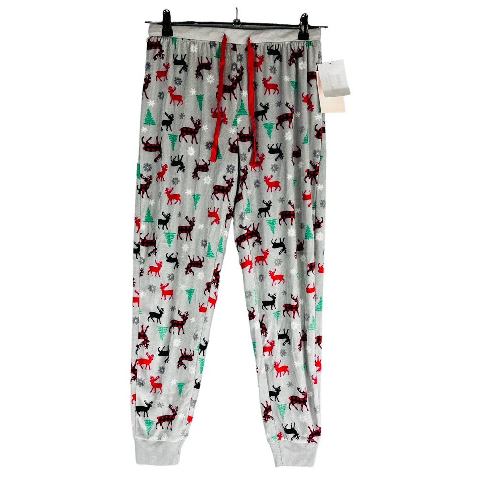 New Goodnight Kiss Womans XL Pajama Pants Jogger Reindeer Gray Fleece NWT